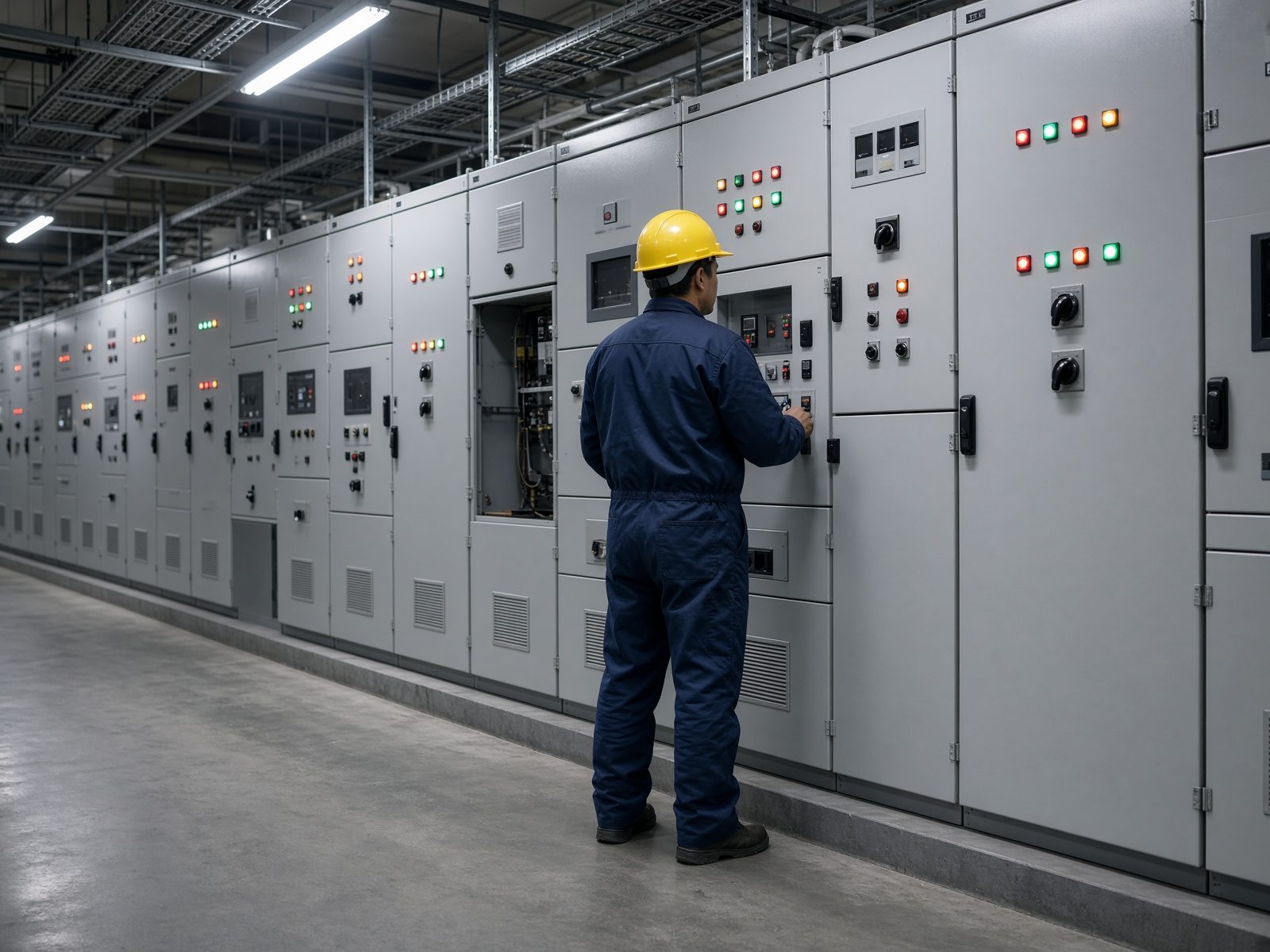 Technician inspecting rows of industrial electrical switchgear