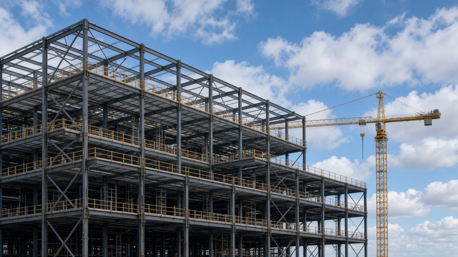 Multi-storey steel structure under construction against a blue sky