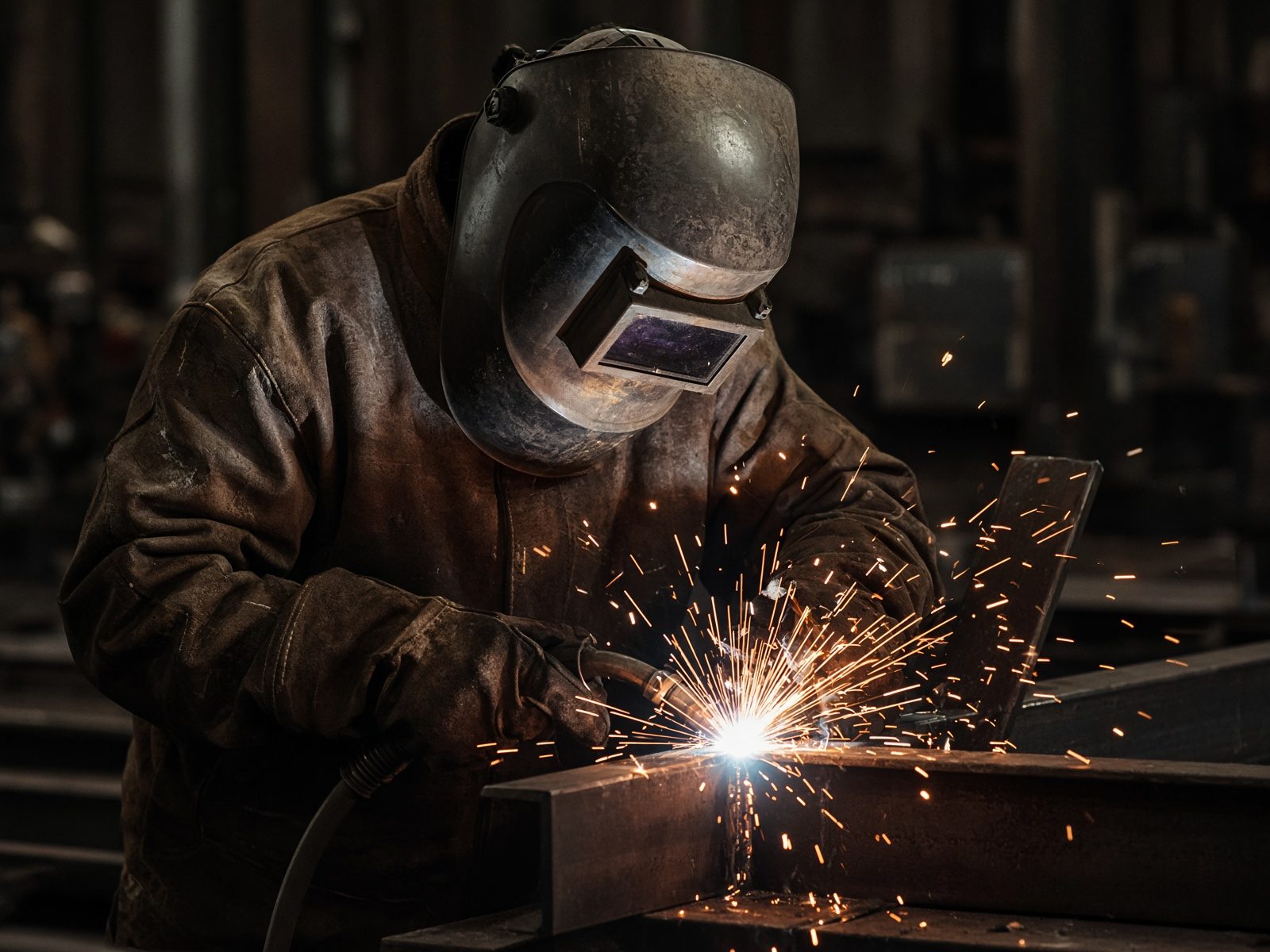 Welder fabricating structural steel amid bright sparks